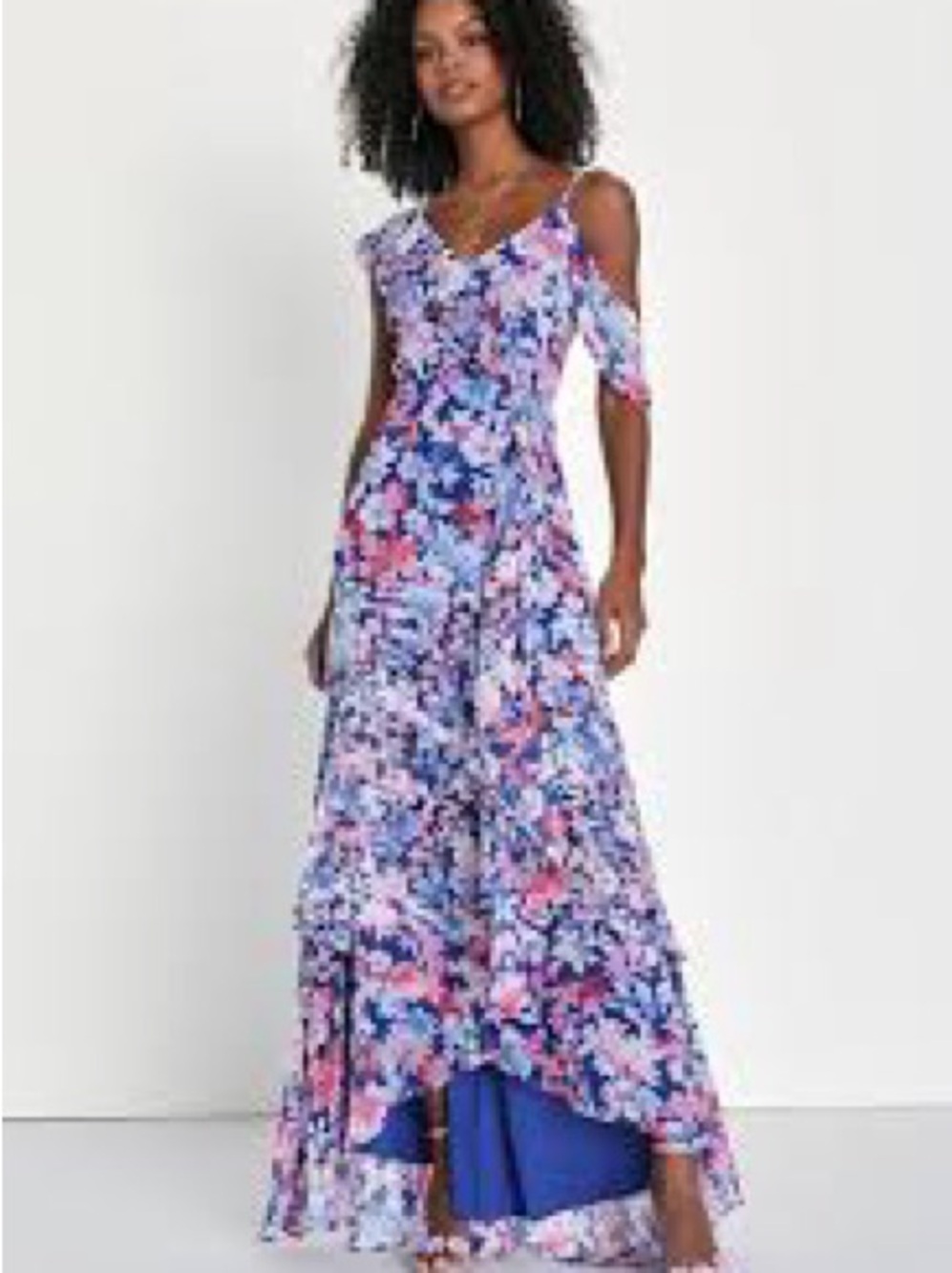 Lulu's Floral Cold-Shoulder High-Low Maxi Dress in Blue and Pink